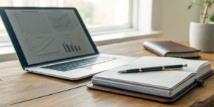 Laptop with financial charts and a notebook for rental property bookkeeping.