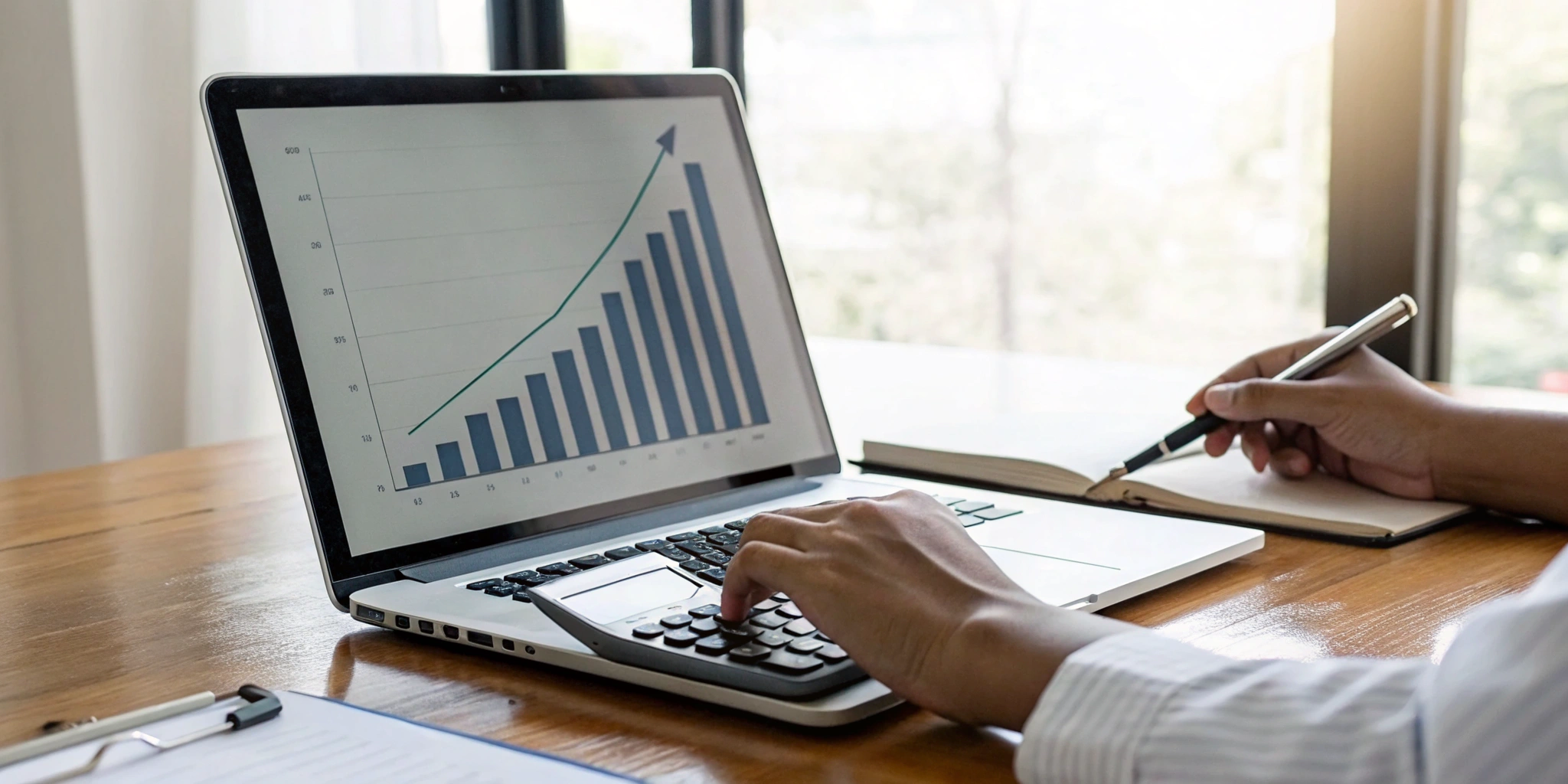 A person calculating rental property ROI with a calculator, laptop, and a rising bar graph.