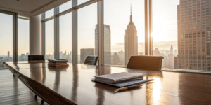 Conference room table with documents for a 1031 exchange with a qualified intermediary.
