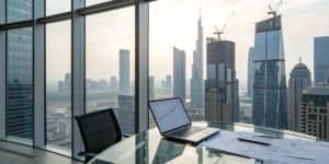 An outsourced CFO for a real estate investment firm analyzes financial charts on a laptop.