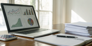 Laptop displaying a real estate cash flow model in Excel with charts and financial data.