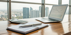 A real estate financial modeling PDF template open on a laptop next to a calculator and notepad.
