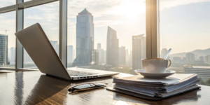 A real estate CPA reviewing financial documents on a laptop in an office with a city view.