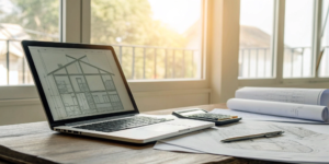 A professional works on a cost segregation study with blueprints, a laptop, and a calculator.