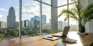 A desk with tools for real estate accounting overlooking a Florida city skyline.