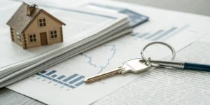 House model and key with paperwork for financing real estate investments.