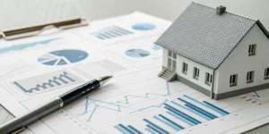 Model house and financial charts for a real estate cash flow analysis.