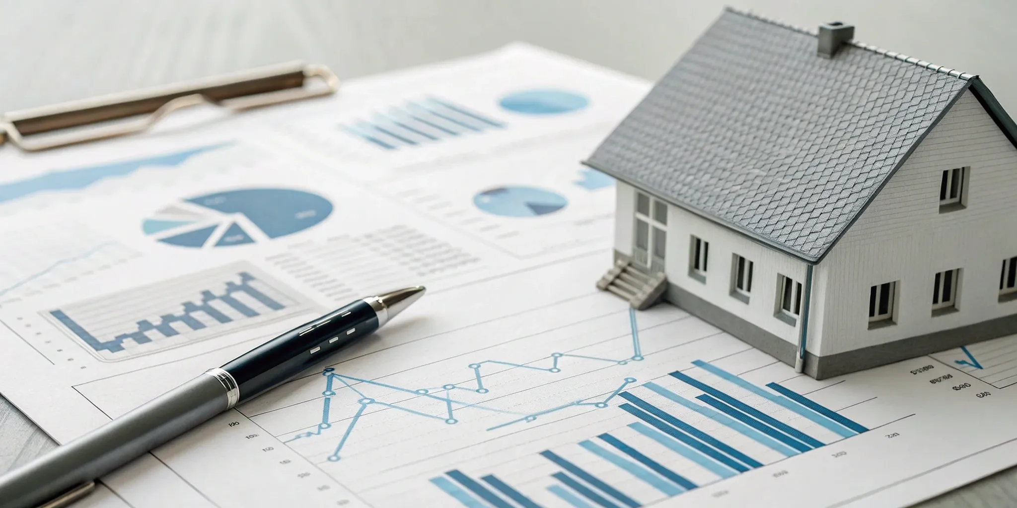Model house and financial charts for a real estate cash flow analysis.