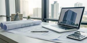 Laptop, blueprints, and a building model used for a real estate cost segregation study.