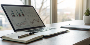 A fractional CFO for real estate analyzing financial data and charts on a laptop.