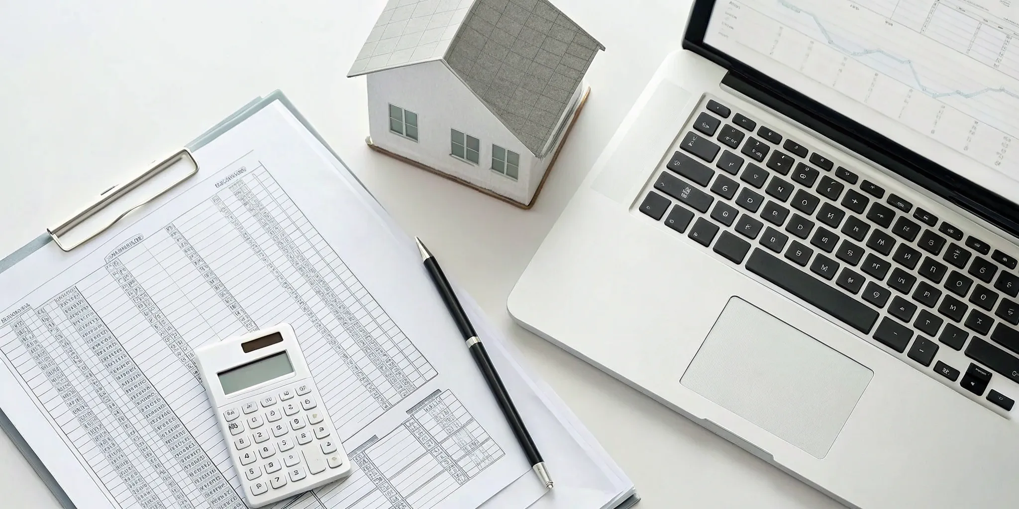 A desk showing how to do bookkeeping for a rental property with a laptop and calculator.