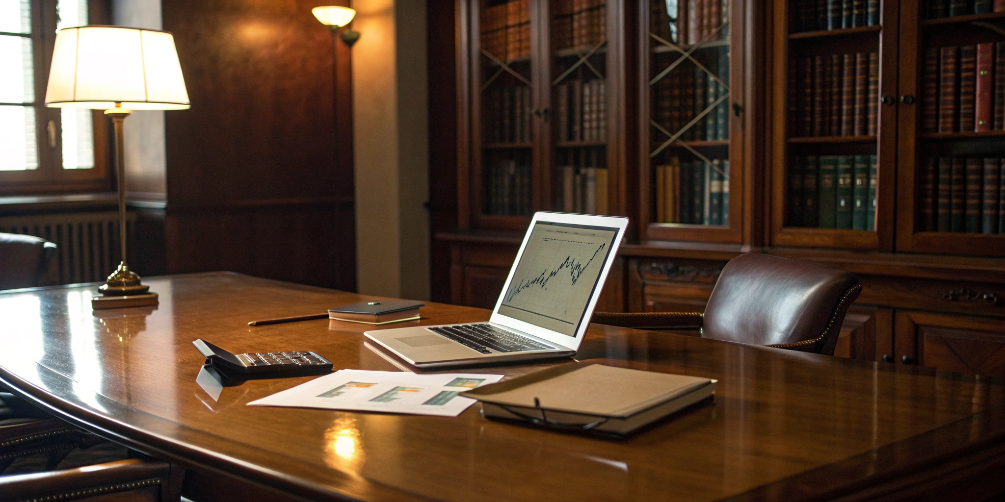 Tax advisor for real estate investors reviewing documents with a laptop and calculator.