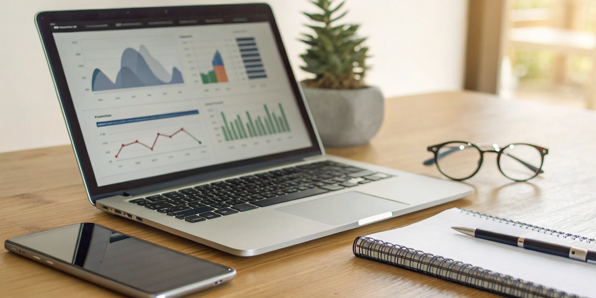 A laptop on a desk showing a cash flow real estate calculator with financial analysis graphs.
