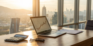 Accounting for real estate investors shown on a laptop with a calculator and financial documents.