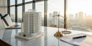 A desk with a model building, scales, and paperwork detailing 1031 qualified intermediary fees.