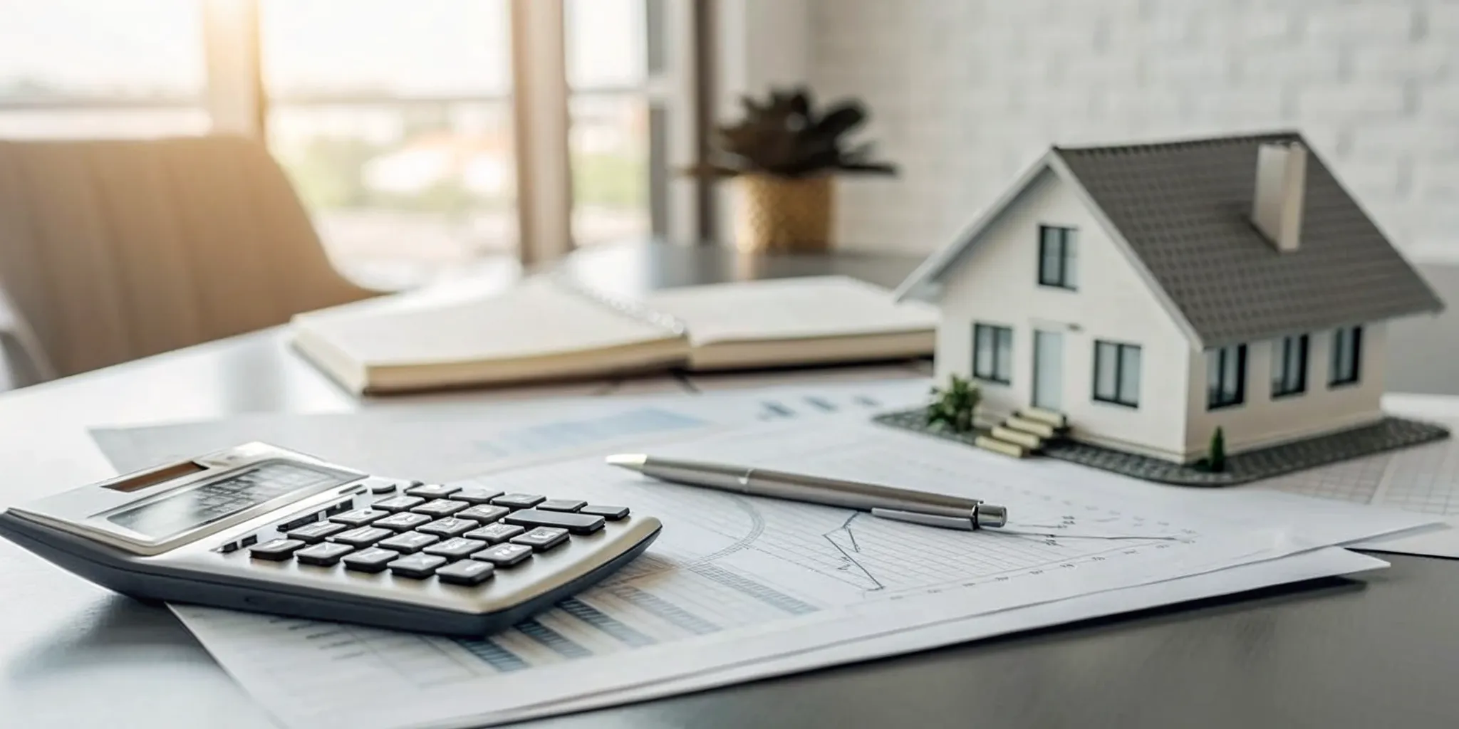 House model, calculator, and paperwork on a desk for planning rental property tax strategies.