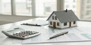 Real estate investment tax planning with a house model, calculator, and financial documents.
