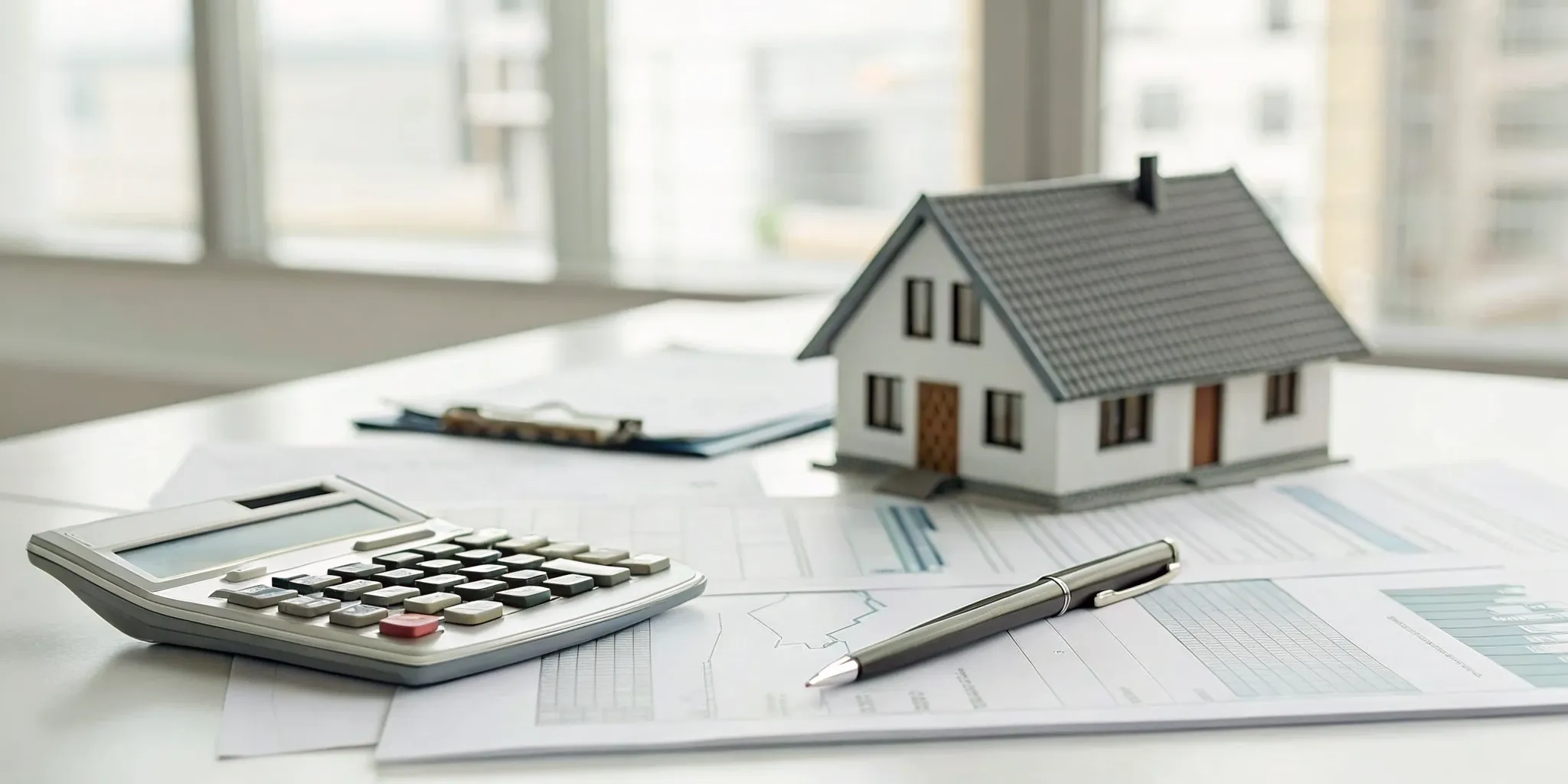 Real estate investment tax planning with a house model, calculator, and financial documents.