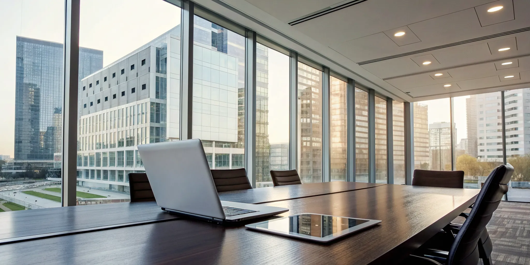 Laptop on a conference table showing a property analysis example with a city view.