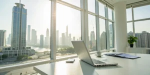 Laptop on an office desk used for analyzing property management cash flow.