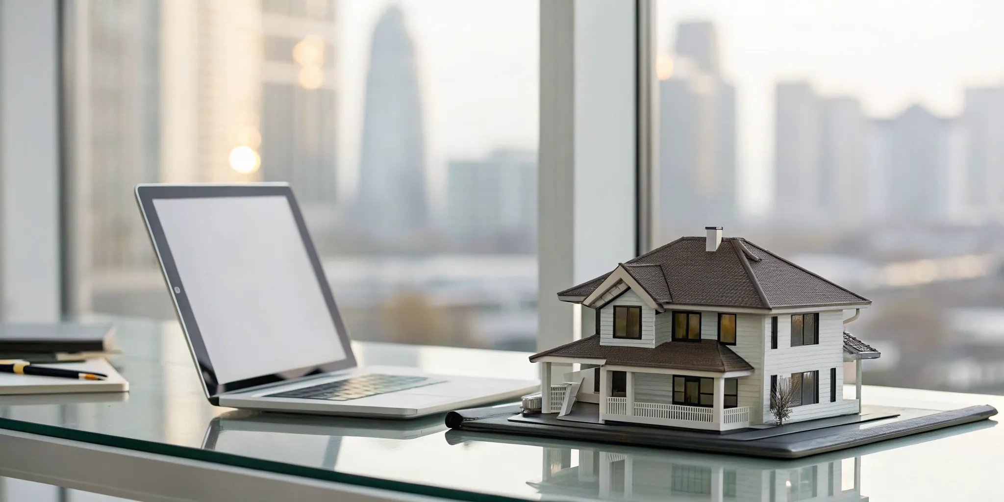 Model house and laptop used for a cost segregation study on a residential rental property.