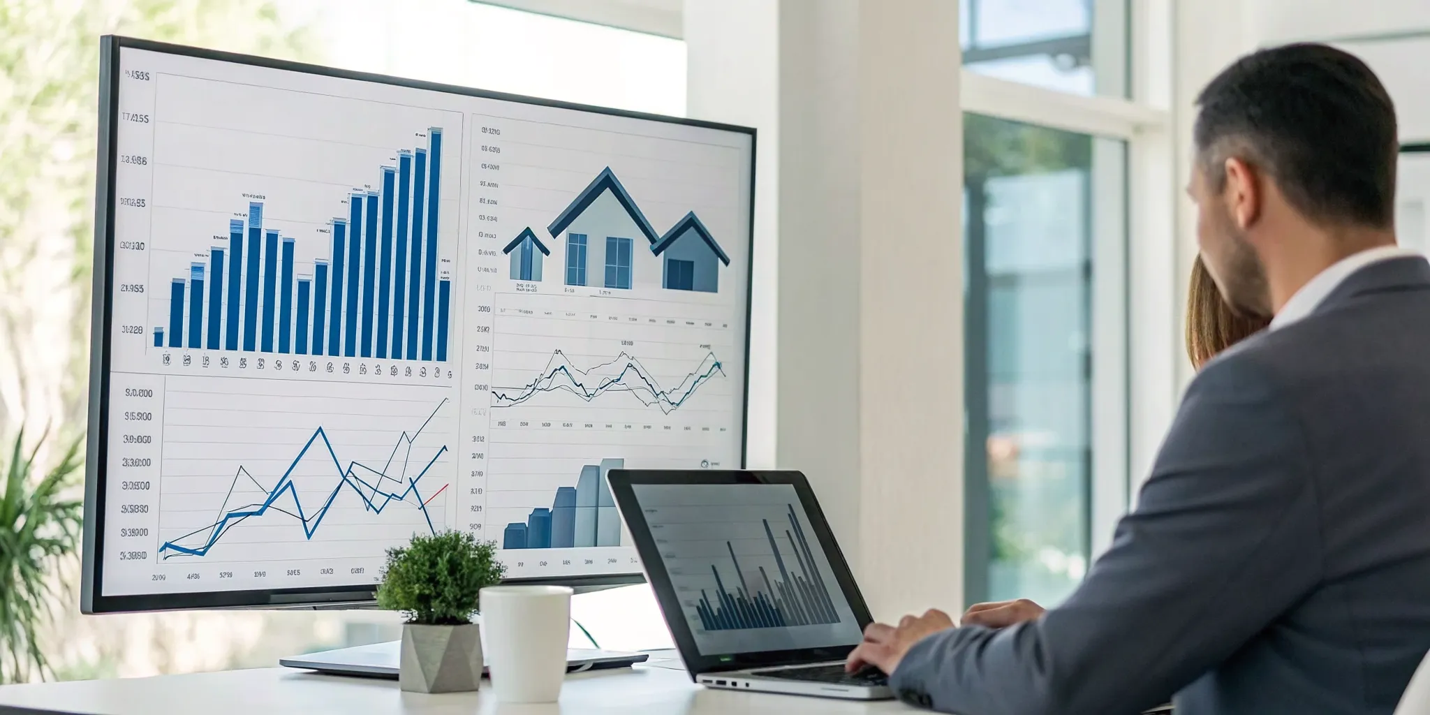 Man reviewing charts and data for a real estate portfolio analysis on a computer.
