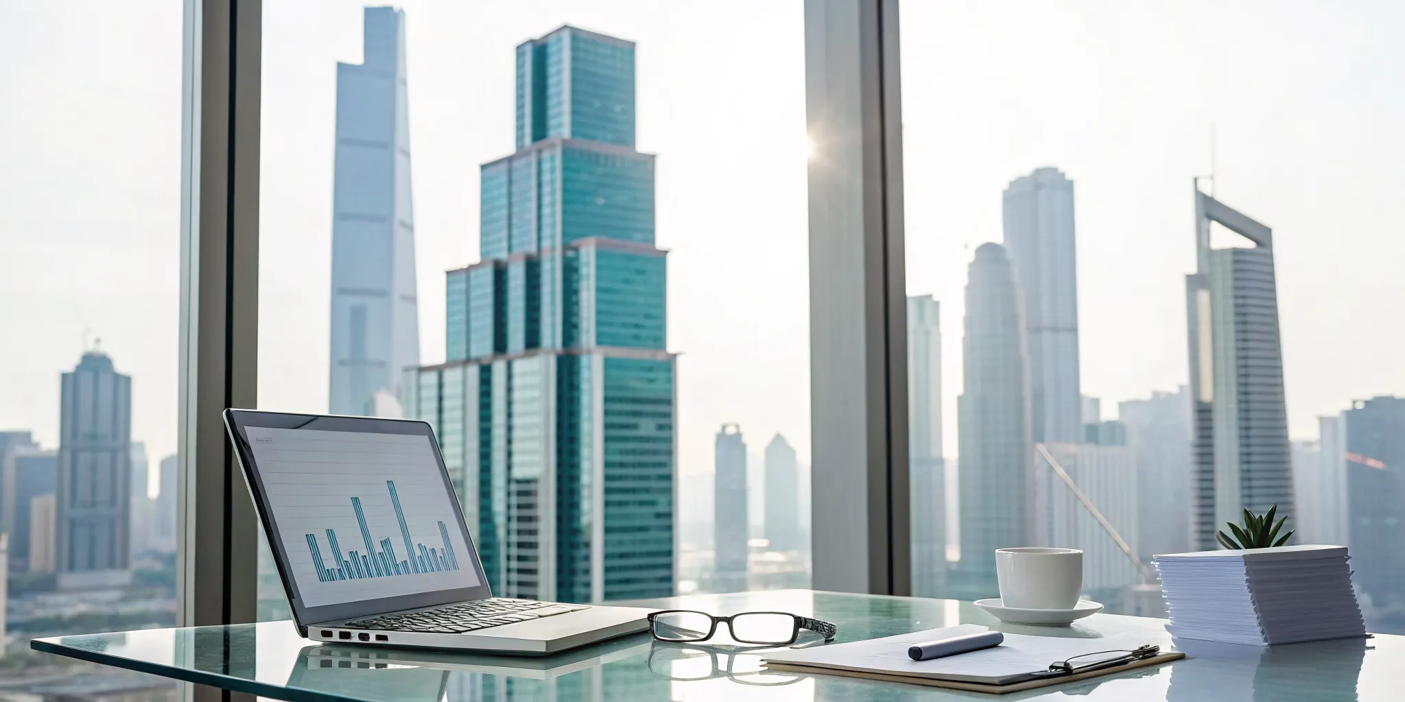 Laptop showing charts for real estate accounting services on a desk with a city view.