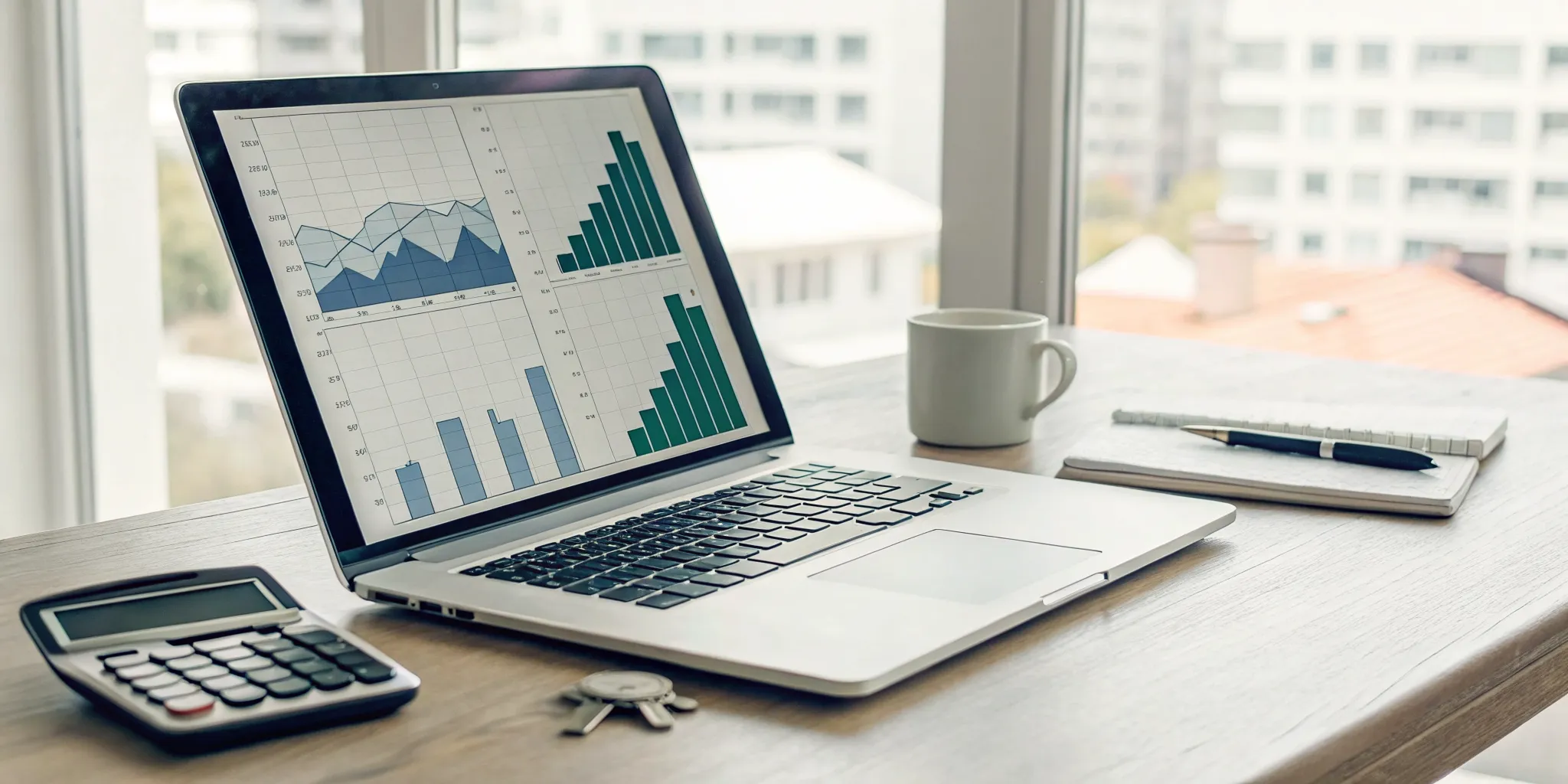 Real estate investment analysis spreadsheet on a laptop screen with charts and a calculator.