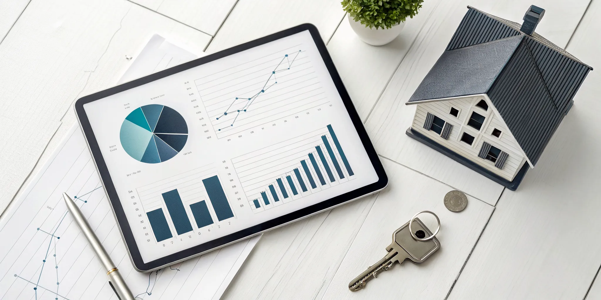 Planning a real estate investment using a PDF on a tablet, next to a model house and keys.