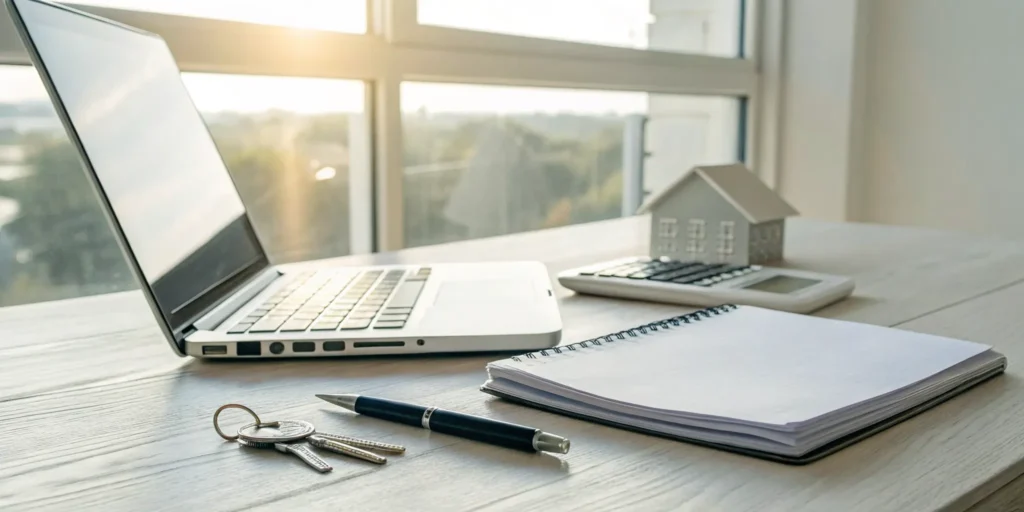 A free rental income and expense worksheet PDF on a desk with a calculator and house model.