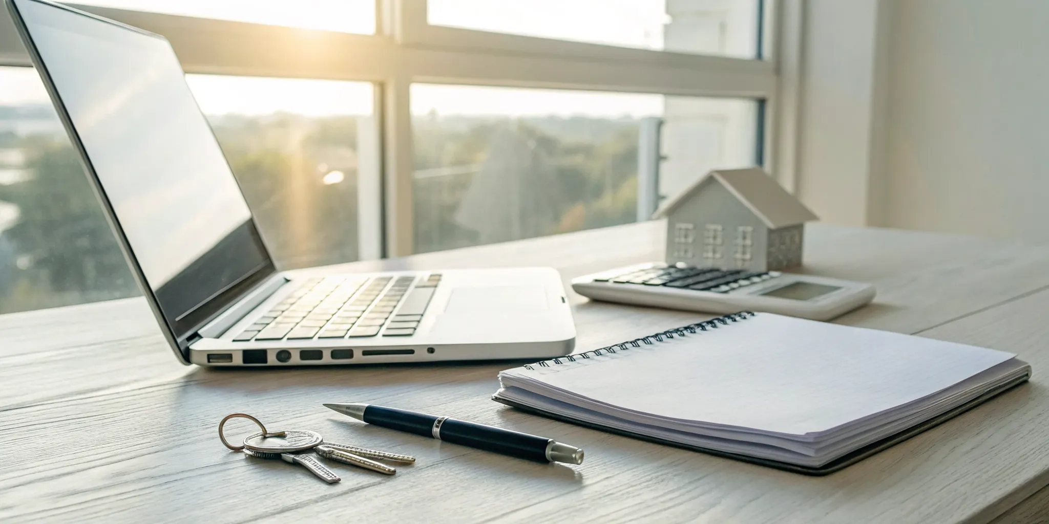 A free rental income and expense worksheet PDF on a desk with a calculator and house model.