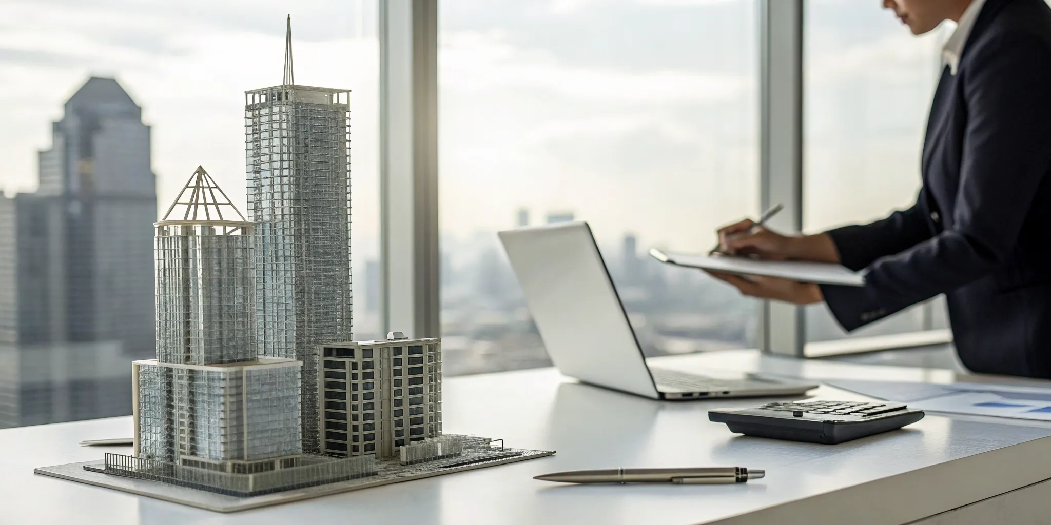 An accountant at a desk with building models and a calculator reviews 1031 exchange documents.