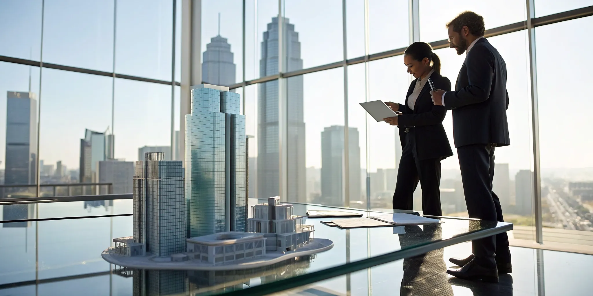 Real estate consultants analyzing an investment property using a skyscraper model.