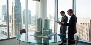 Two investors review building models while planning a 1031 tax exchange.