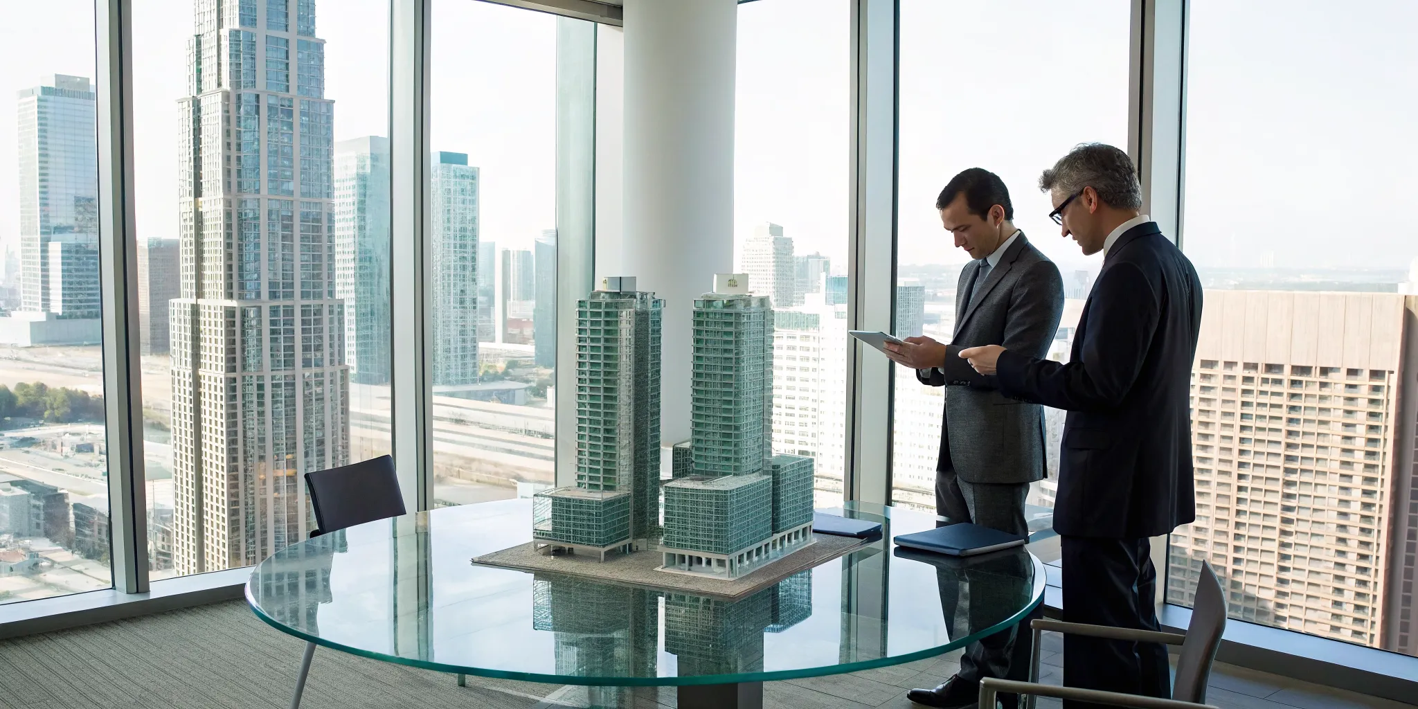 Two investors review building models while planning a 1031 tax exchange.