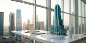Desk with blueprints and skyscraper model for choosing the best cost segregation study providers.