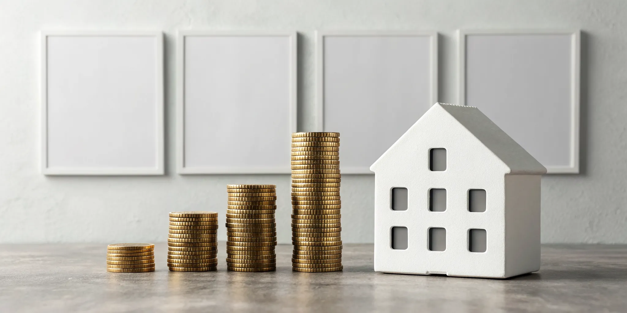 A house model with growing stacks of coins achieved through real estate tax strategies.