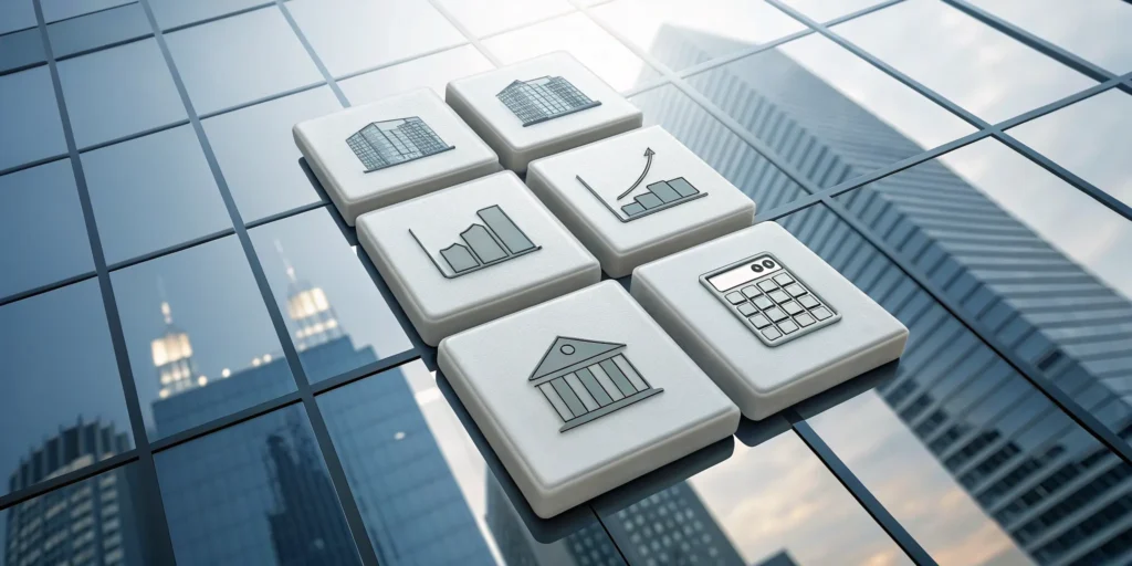 Smart real estate tax planning with financial icons and a calculator over a city skyline.