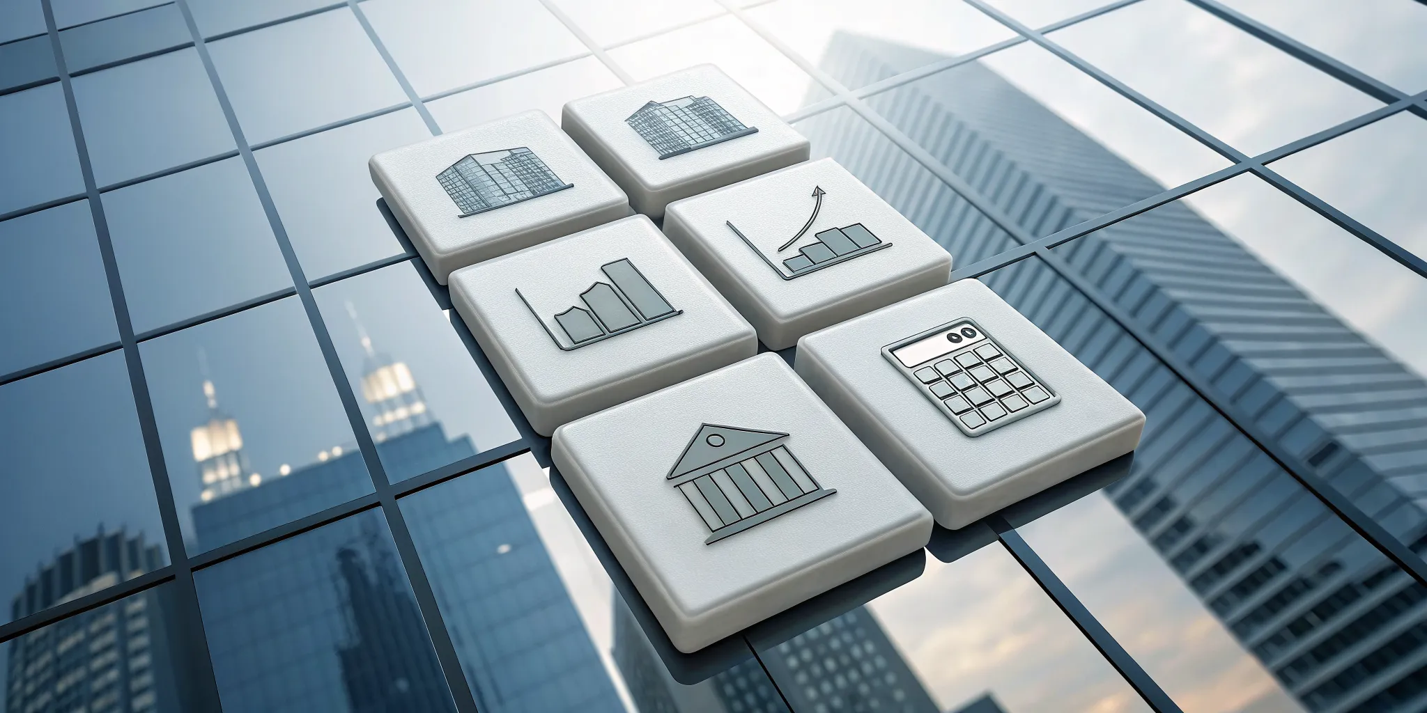 Smart real estate tax planning with financial icons and a calculator over a city skyline.