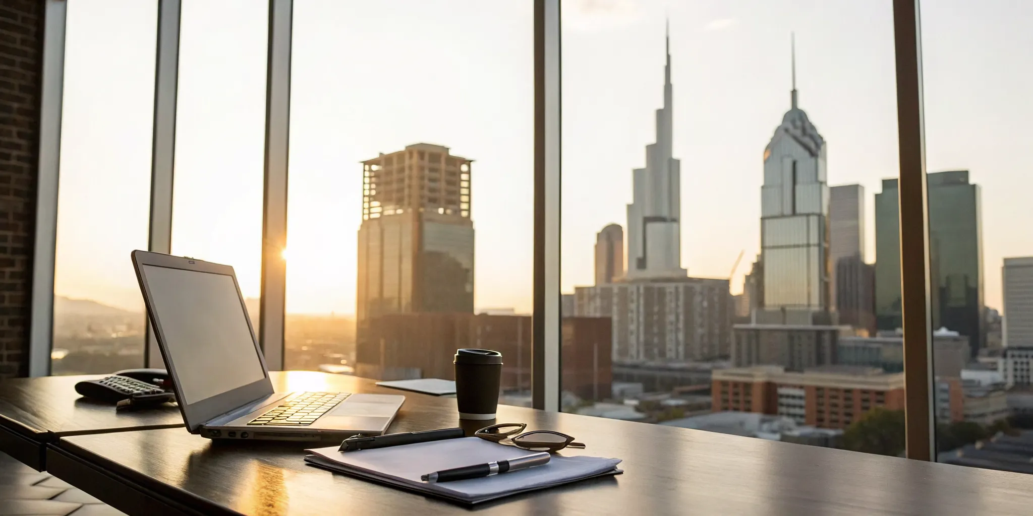 A desk for property investment accounting overlooking a Tennessee city skyline.