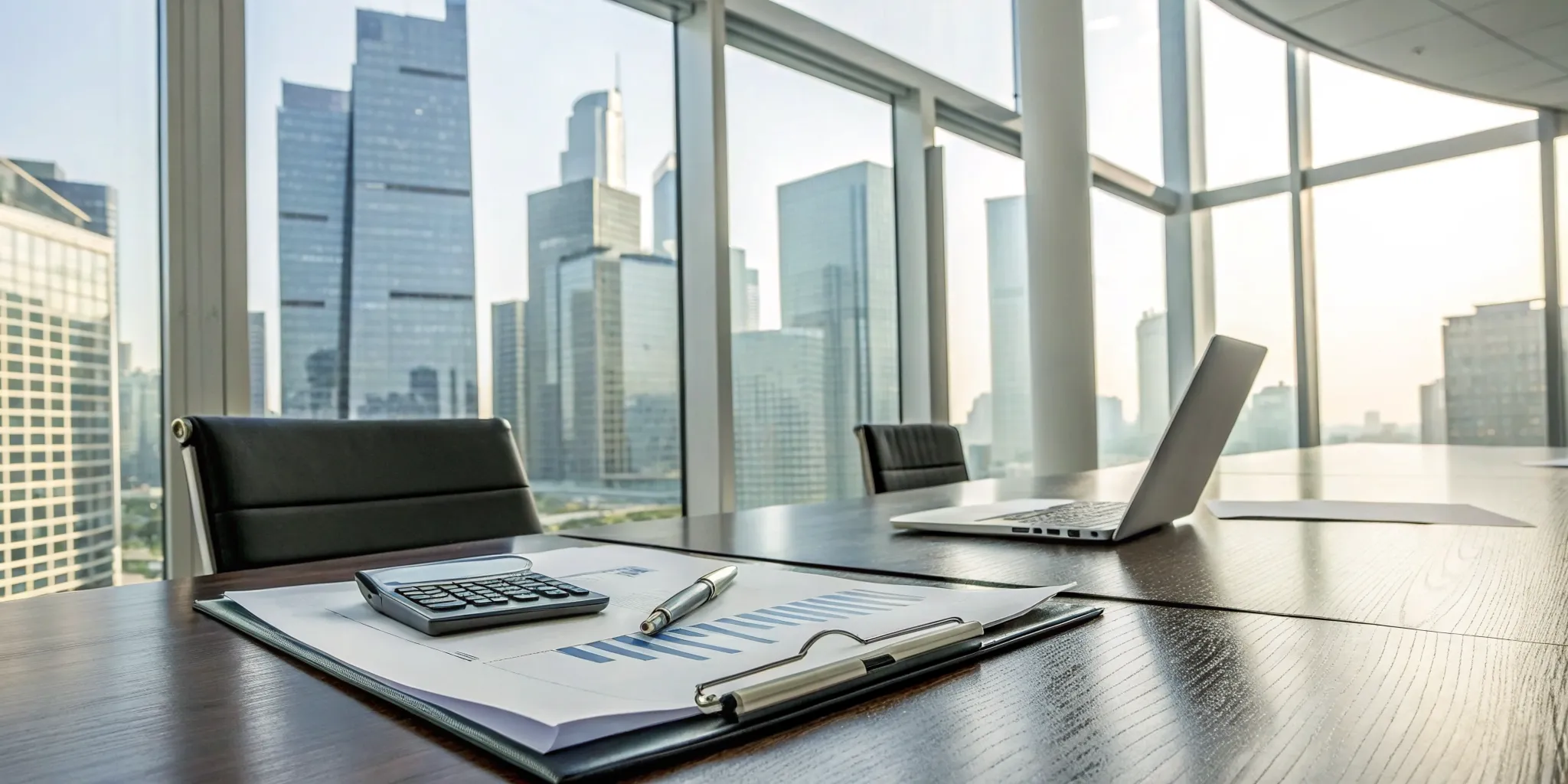 Financial analysis for commercial real estate investment with charts, a calculator, and a laptop.