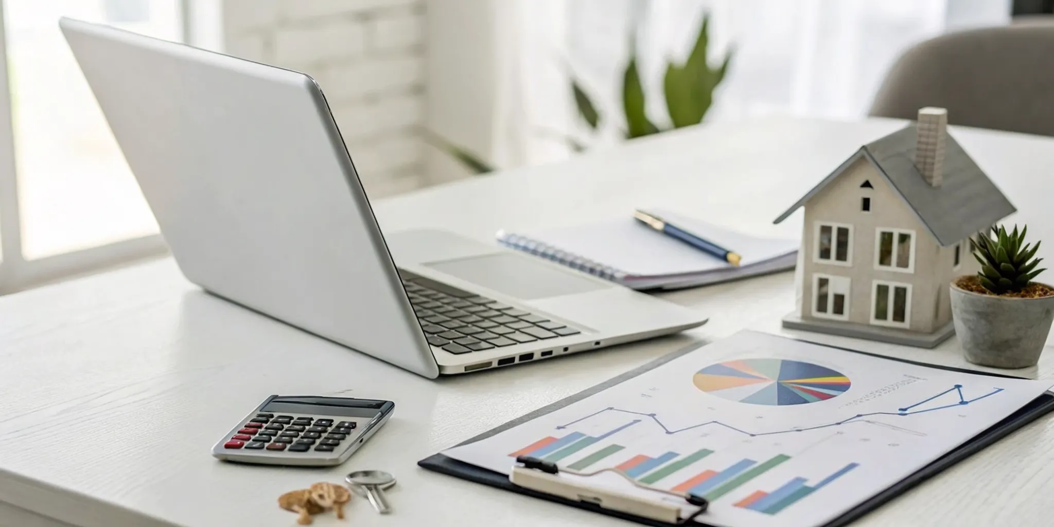 Property management accounting tools like a calculator and financial charts next to a small house model.