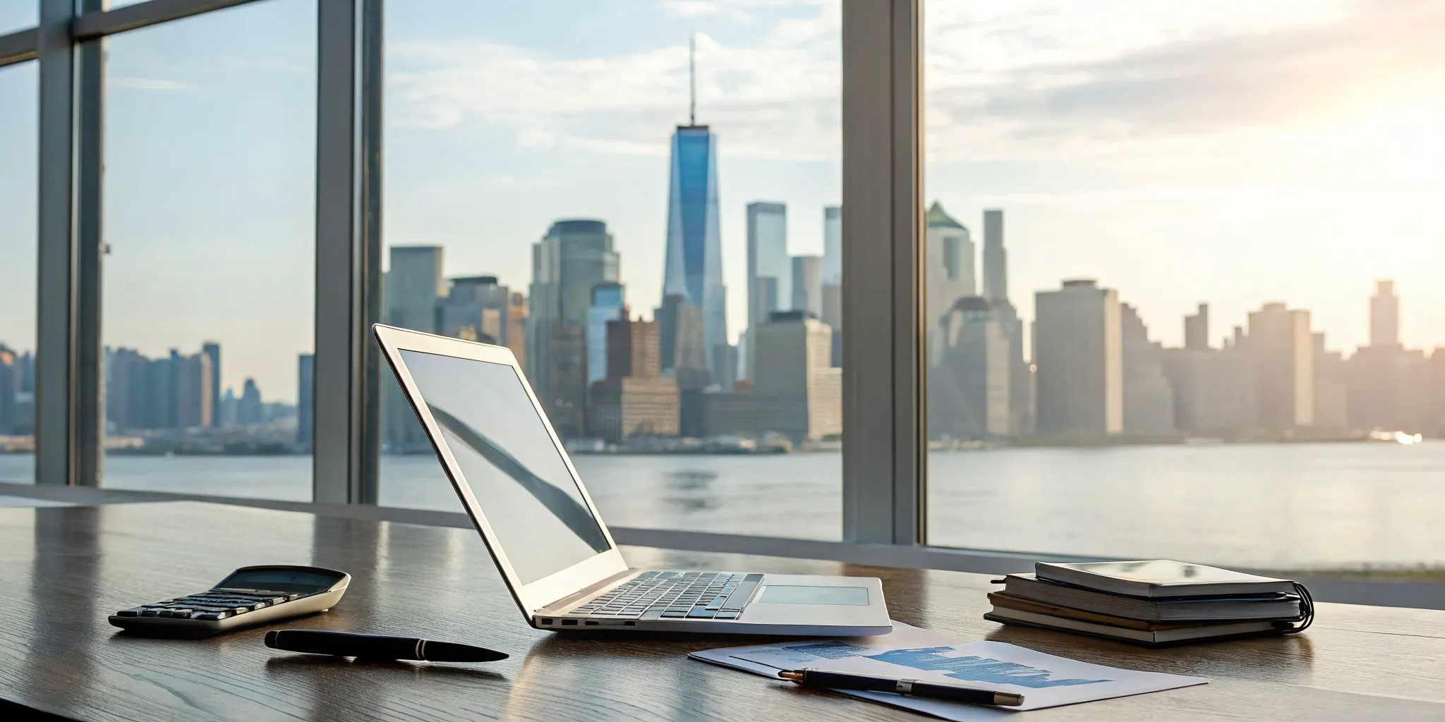 A desk with tools for real estate accounting in New Jersey, overlooking the city skyline.