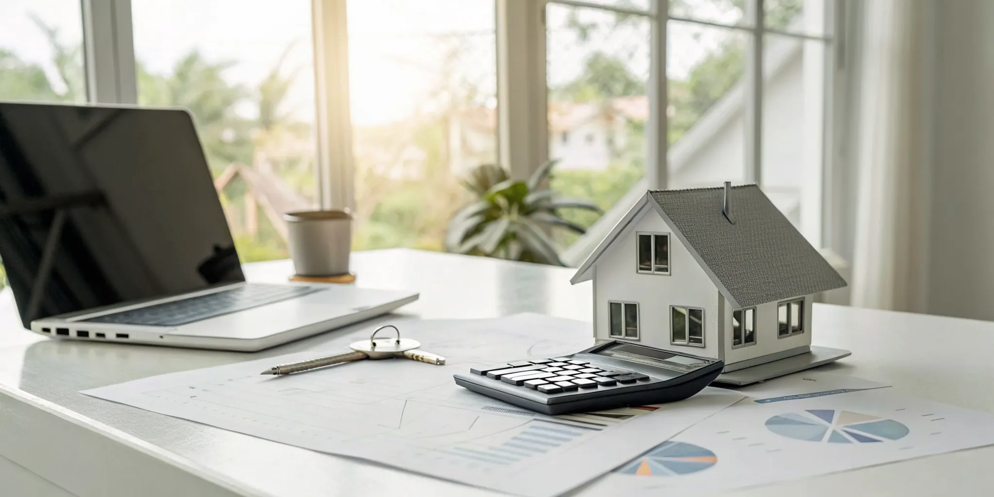 Bookkeeping for rental property tax deductions using a laptop, calculator, and financial documents.