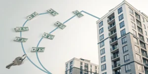 Real estate cash flow example with an apartment, dollar bills, a key, and a chart.