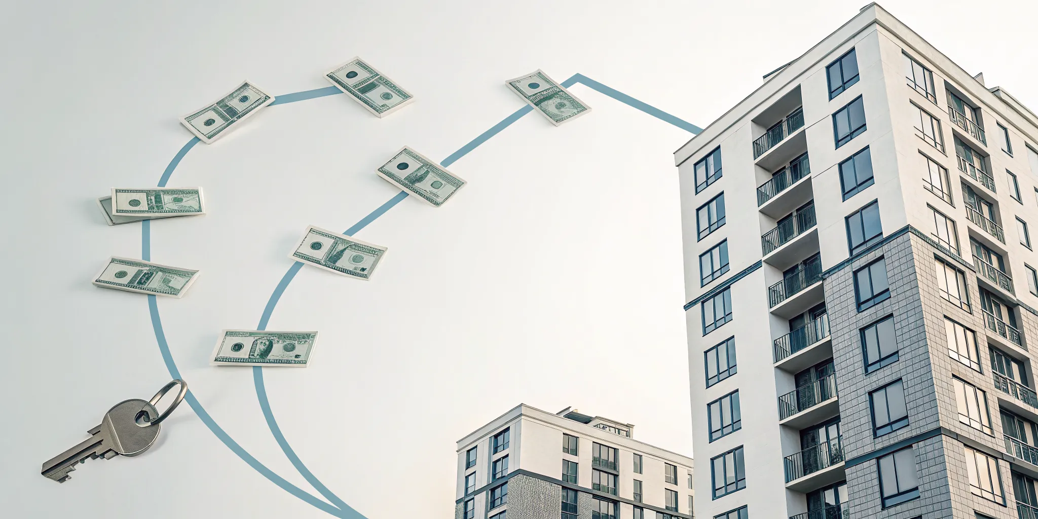 Real estate cash flow example with an apartment, dollar bills, a key, and a chart.