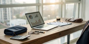 A landlord's laptop showing financial charts for bookkeeping for rental properties in Tennessee.