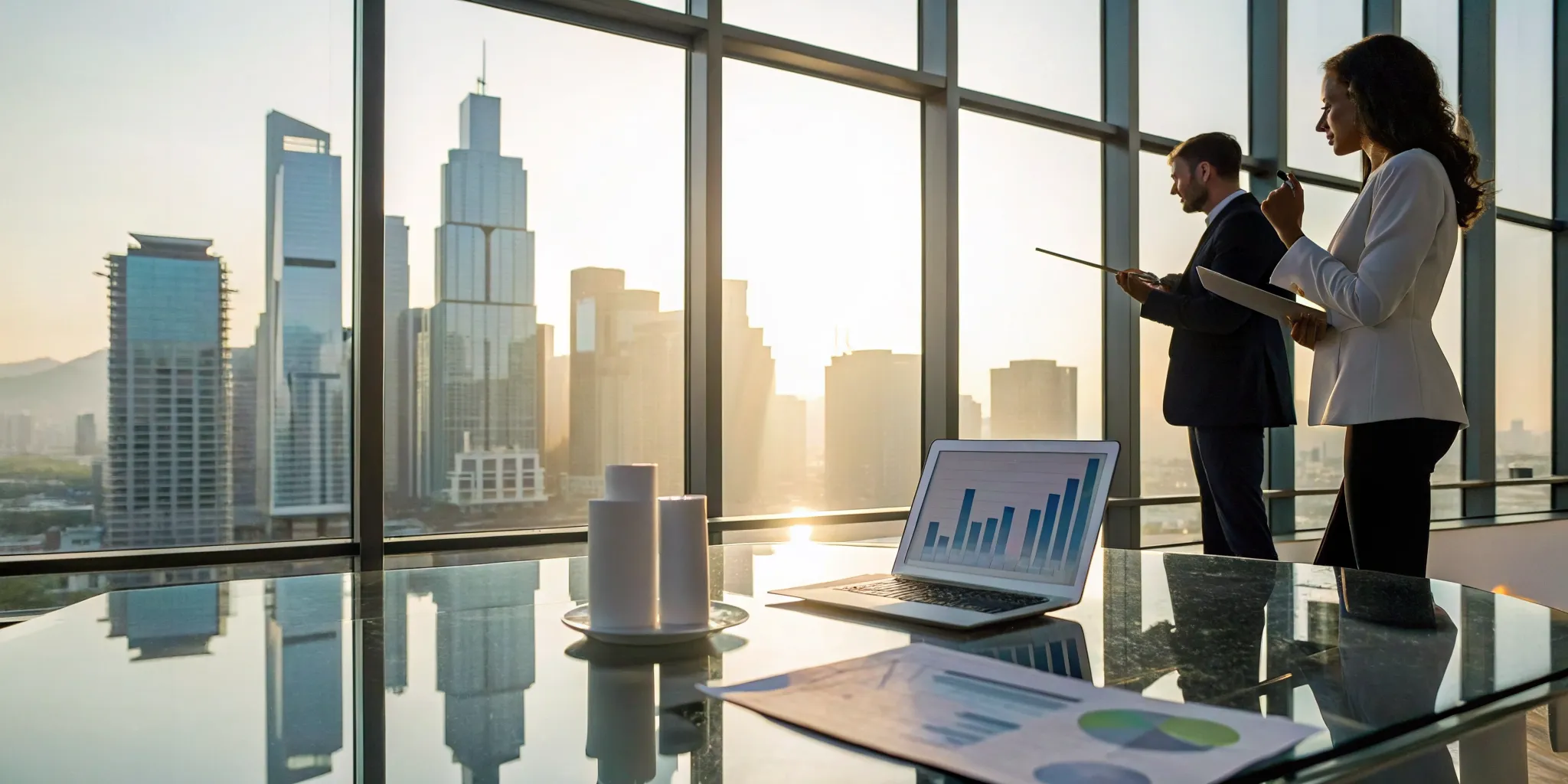 Real estate investors developing KPIs by analyzing performance charts on a laptop.