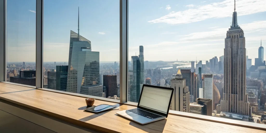 Financial documents for New York real estate accounting services on a desk overlooking the city.