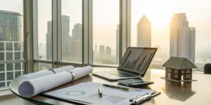 A desk with a house model, calculator, and documents for tax planning for real estate professionals.